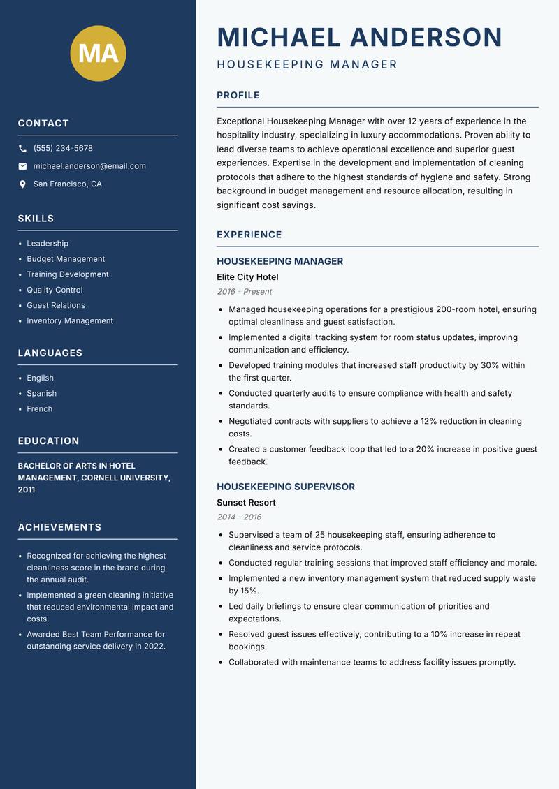 Housekeeping Manager resume template — Classic Clean