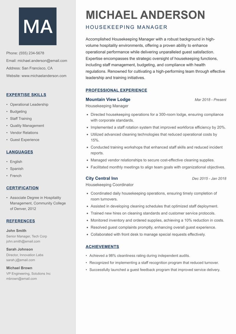 Housekeeping Manager resume template — Creative Minimal