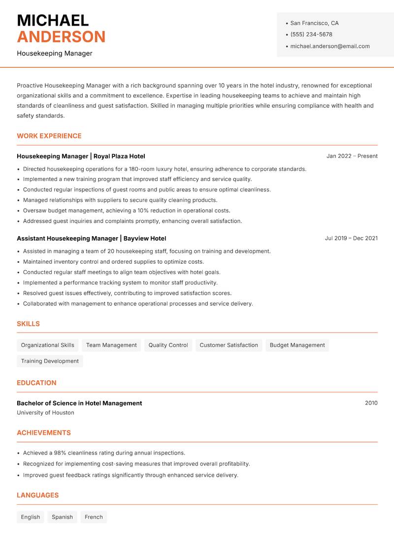 Housekeeping Manager resume template — Modern Professional