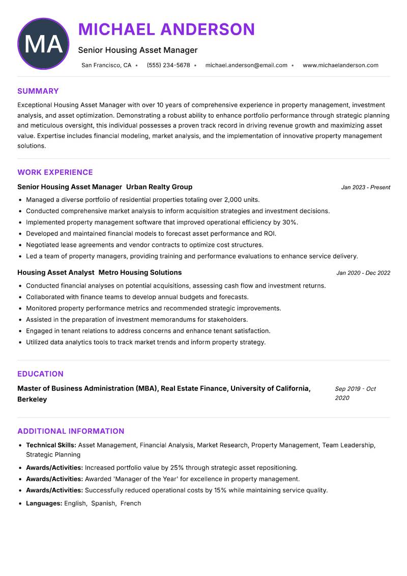 Housing Asset Manager resume example — ATS-friendly template