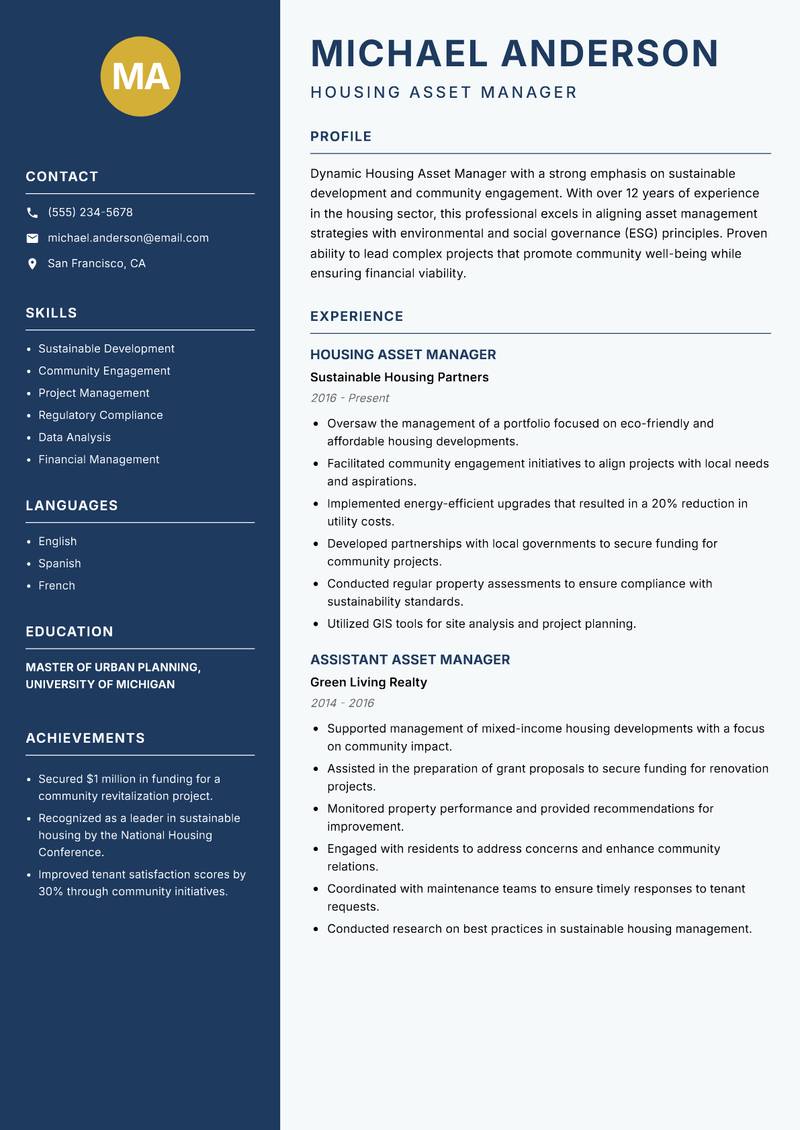 Housing Asset Manager resume template — Classic Clean