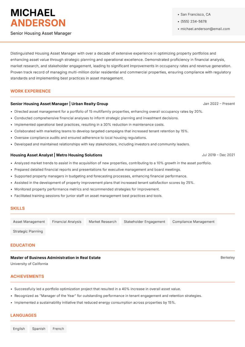 Housing Asset Manager resume template — Modern Professional