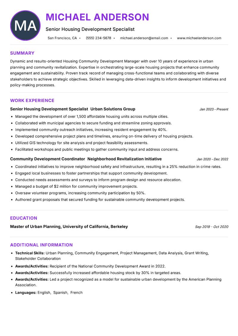 Housing Community Development Manager resume example — ATS-friendly template