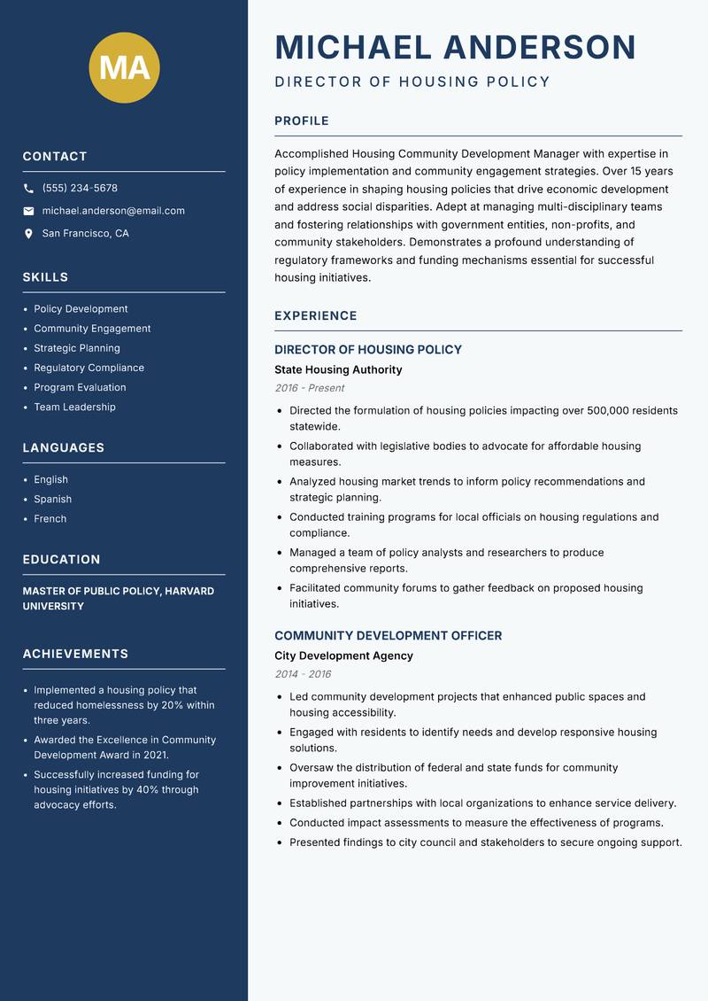 Housing Community Development Manager resume template — Classic Clean