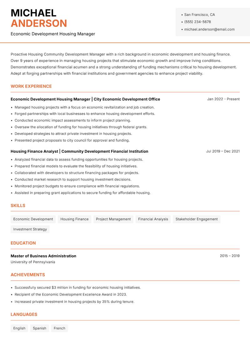Housing Community Development Manager resume template — Modern Professional