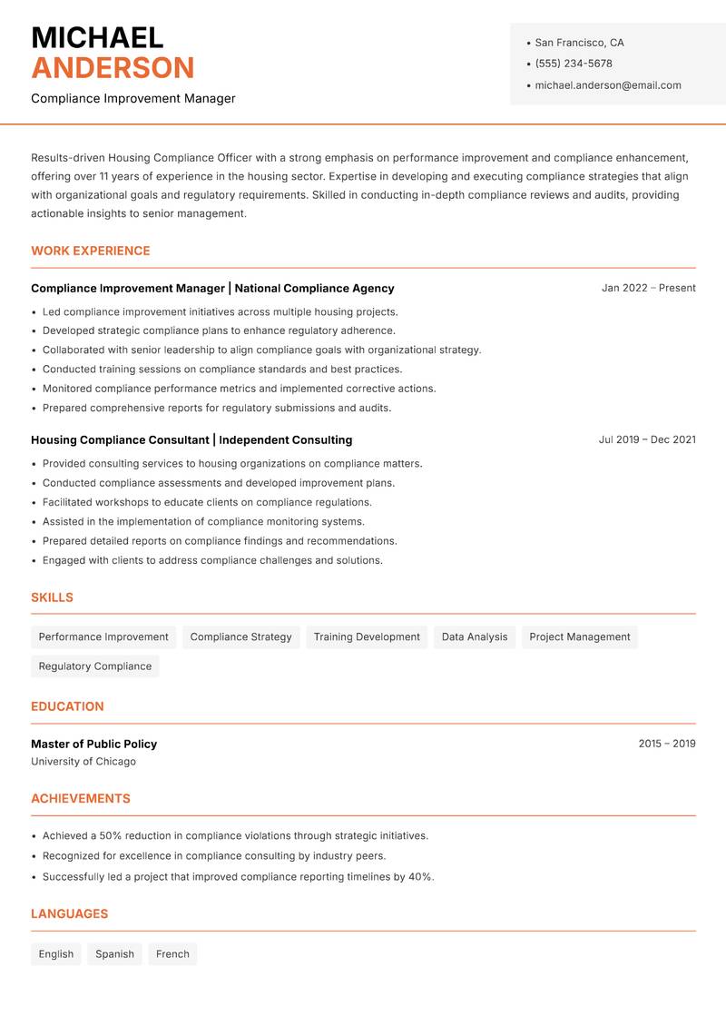 Housing Compliance Officer resume template — Modern Professional