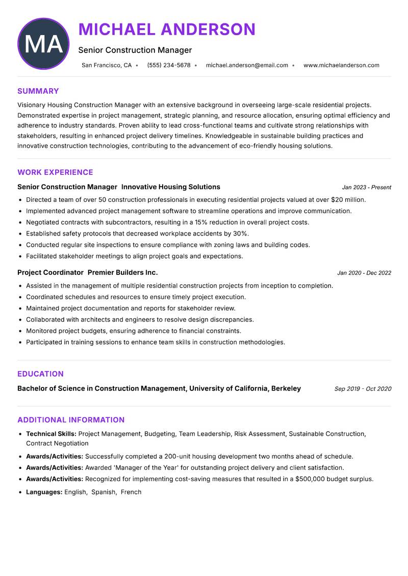 Housing Construction Manager resume example — ATS-friendly template