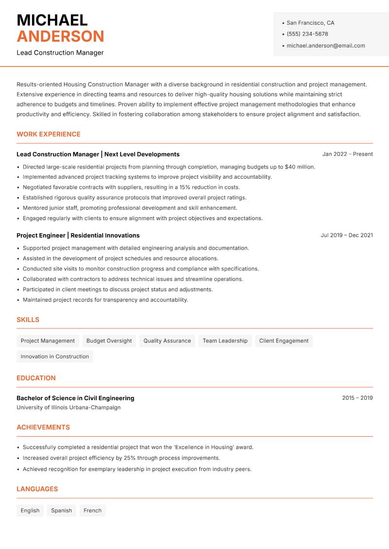 Housing Construction Manager resume template — Modern Professional