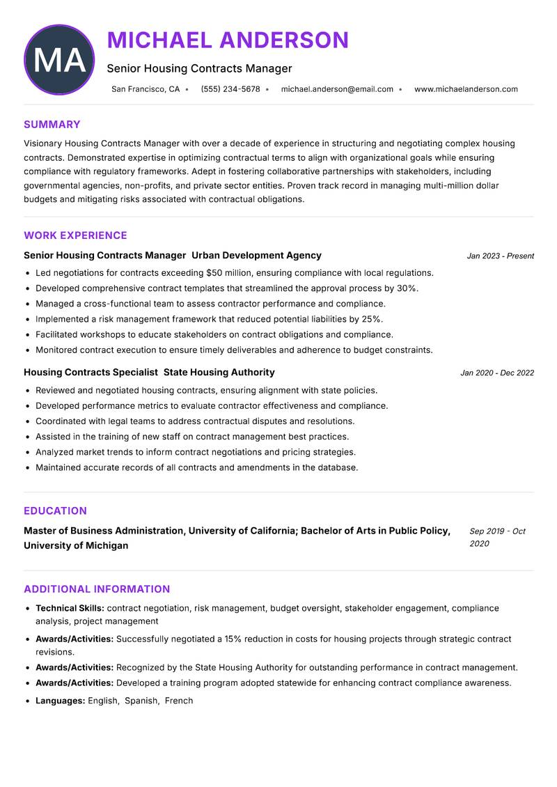 Housing Contracts Manager resume example — ATS-friendly template