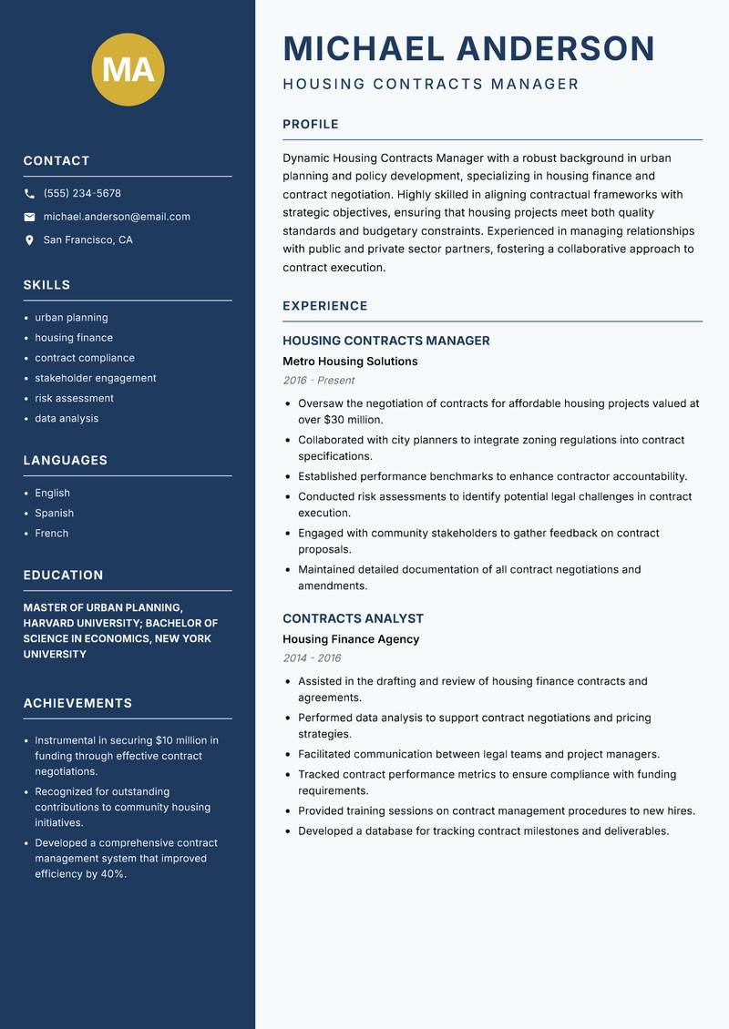 Housing Contracts Manager resume template — Classic Clean