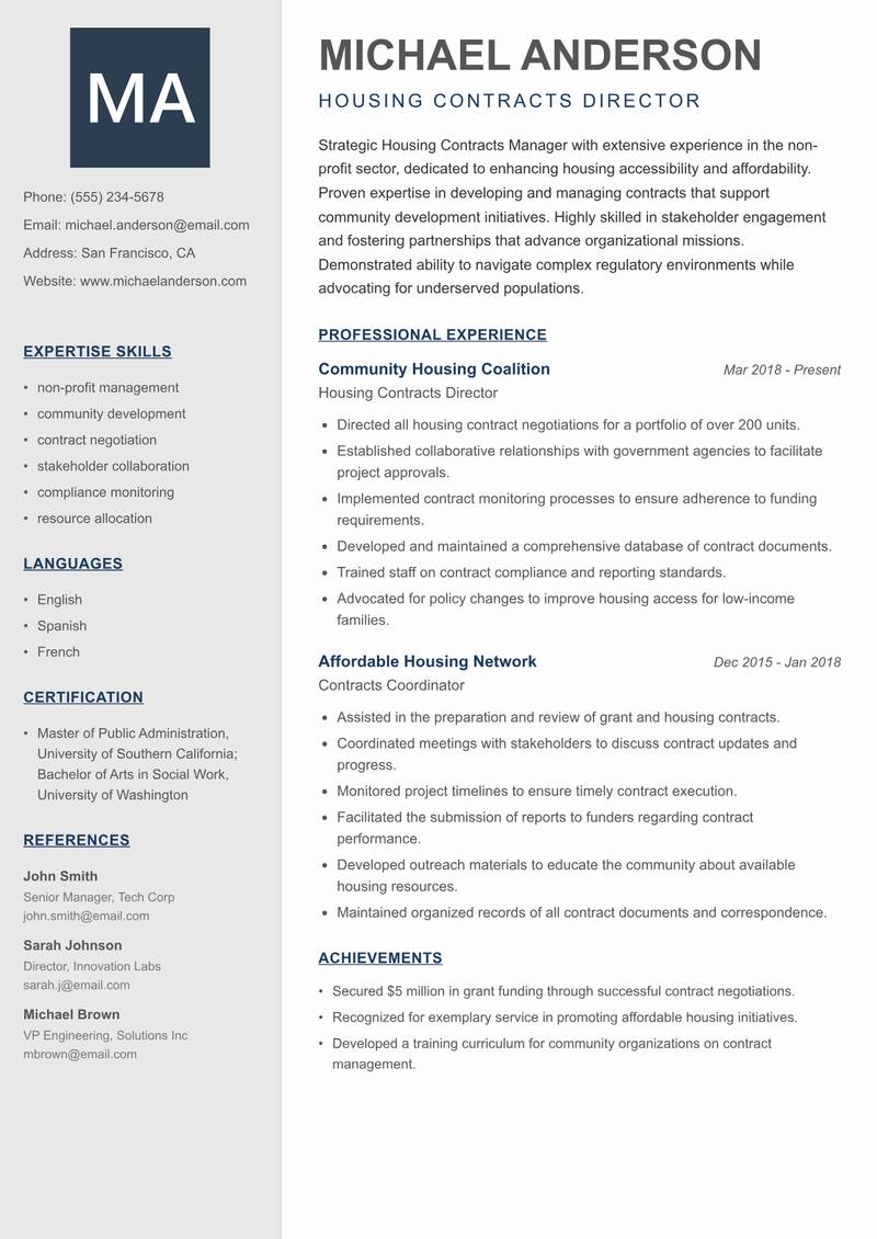 Housing Contracts Manager resume template — Creative Minimal