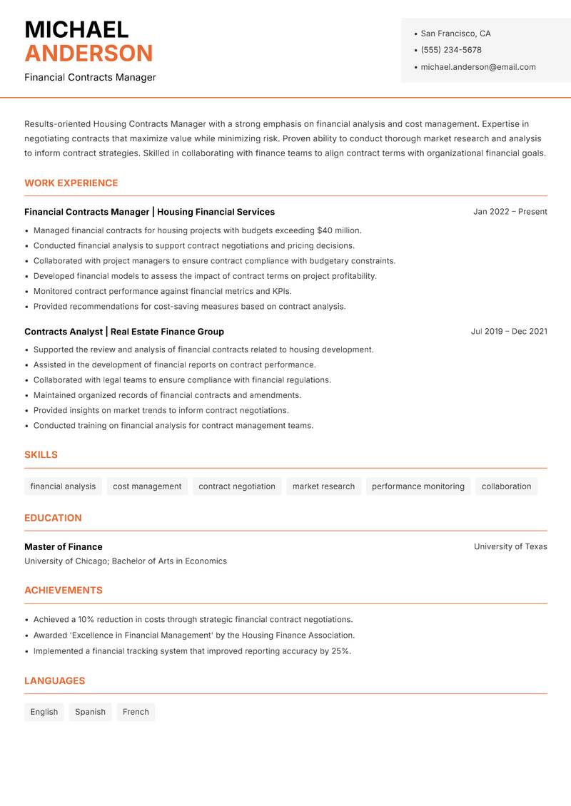 Housing Contracts Manager resume template — Modern Professional