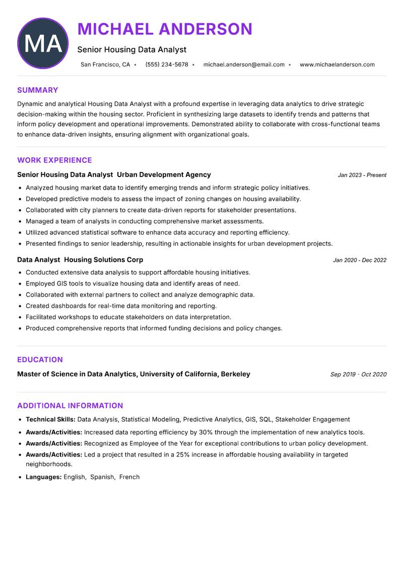 Housing Data Analyst resume example — ATS-friendly template