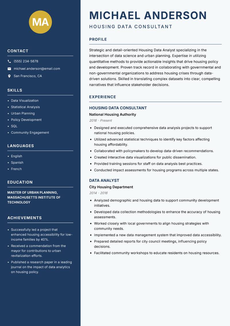 Housing Data Analyst resume template — Classic Clean