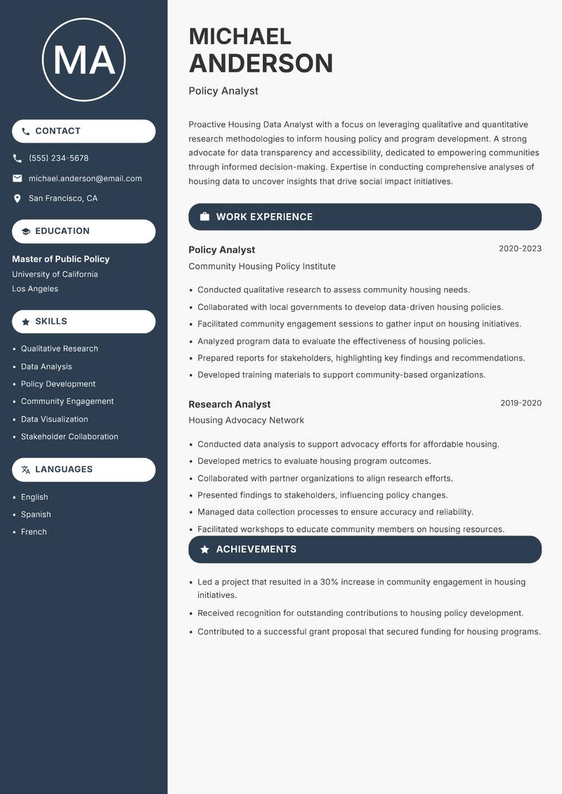Housing Data Analyst resume template — Compact