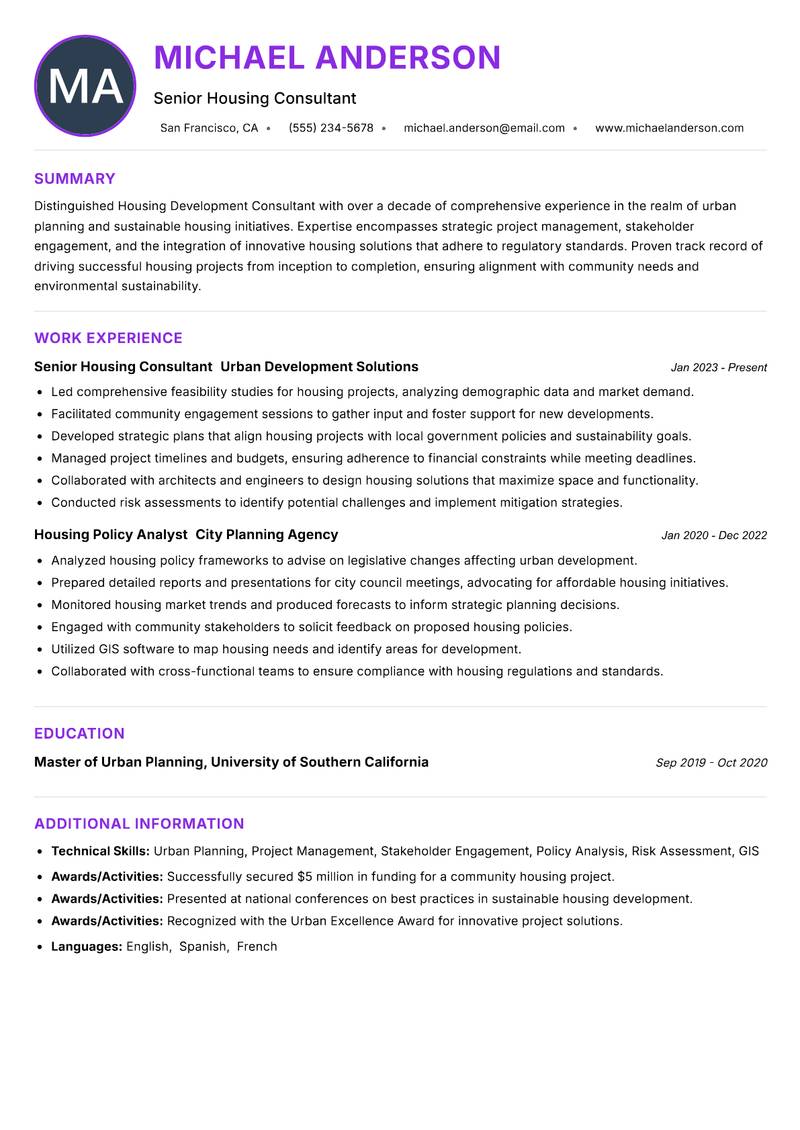 Housing Development Consultant resume example — ATS-friendly template