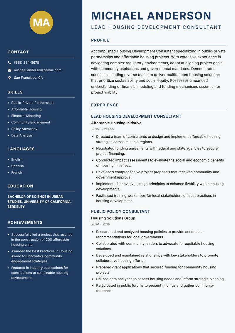 Housing Development Consultant resume template — Classic Clean