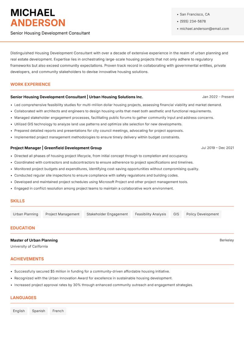 Housing Development Consultant resume template — Modern Professional
