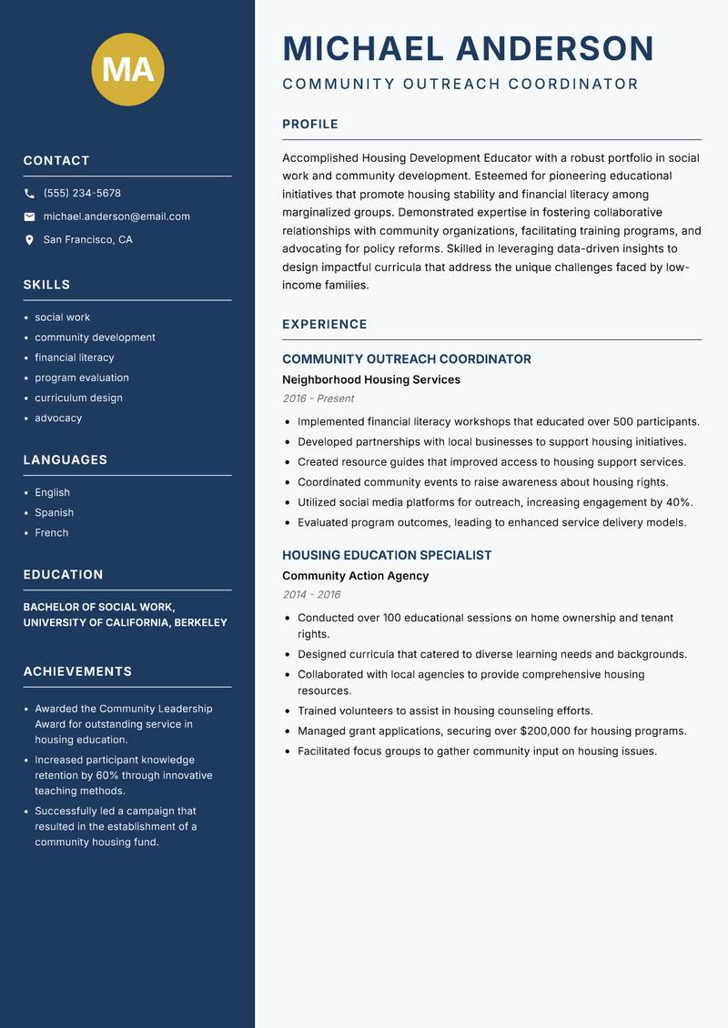 Housing Development Educator resume template — Classic Clean