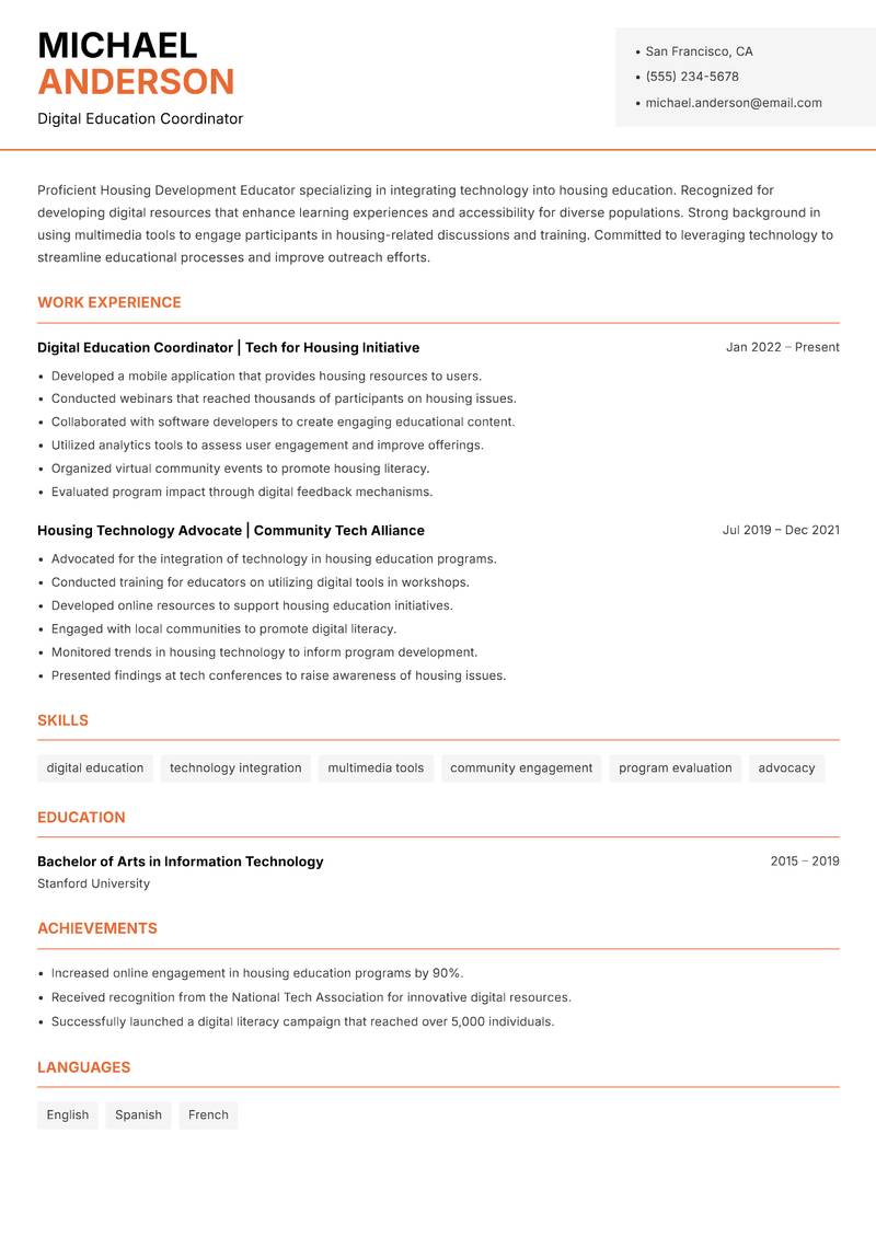 Housing Development Educator resume template — Modern Professional