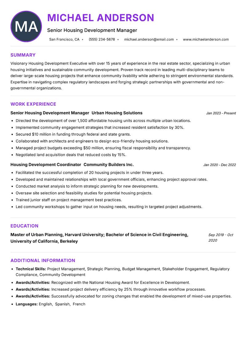 Housing Development Executive resume example — ATS-friendly template