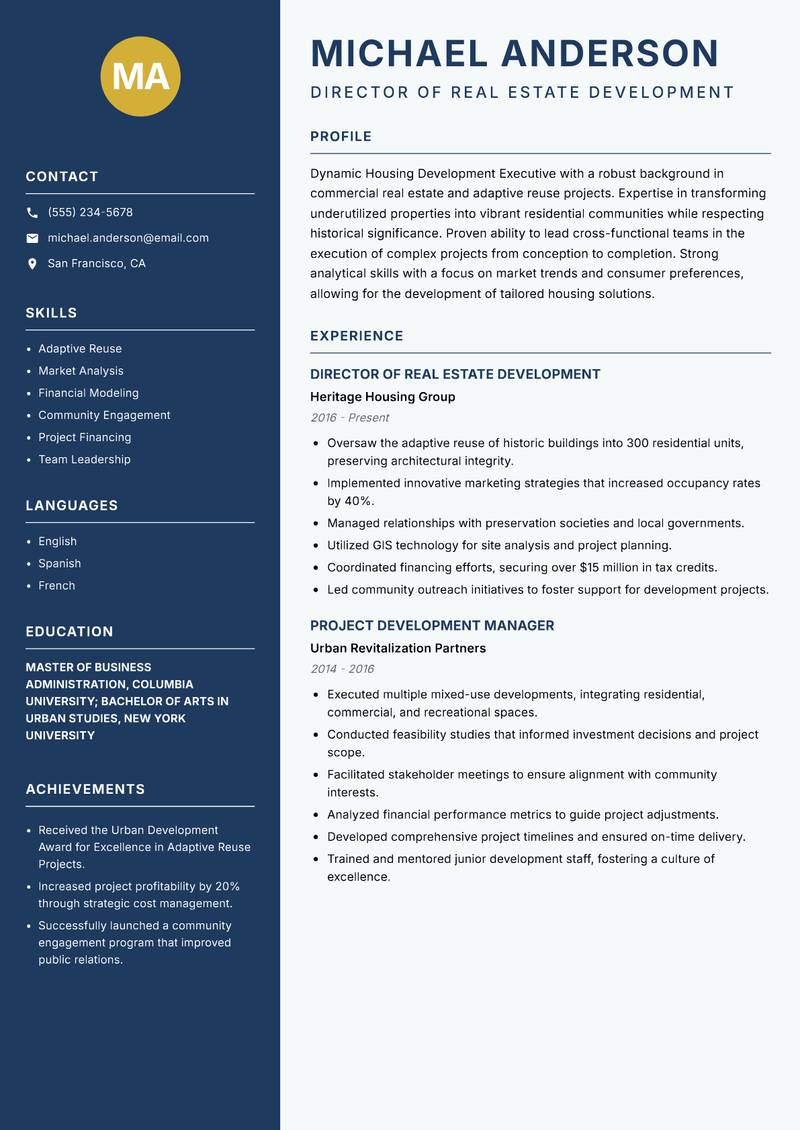 Housing Development Executive resume template — Classic Clean