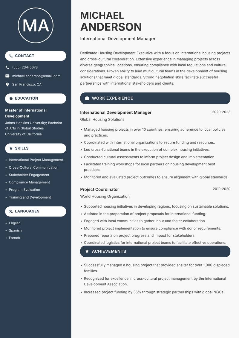 Housing Development Executive resume template — Compact