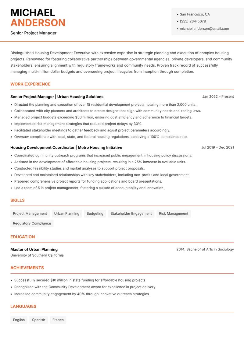 Housing Development Executive resume template — Modern Professional