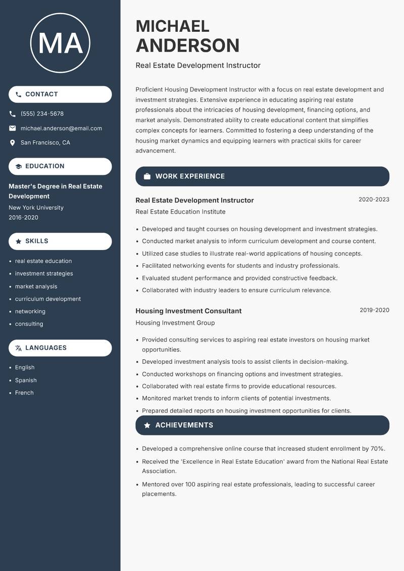 Housing Development Instructor resume template — Compact
