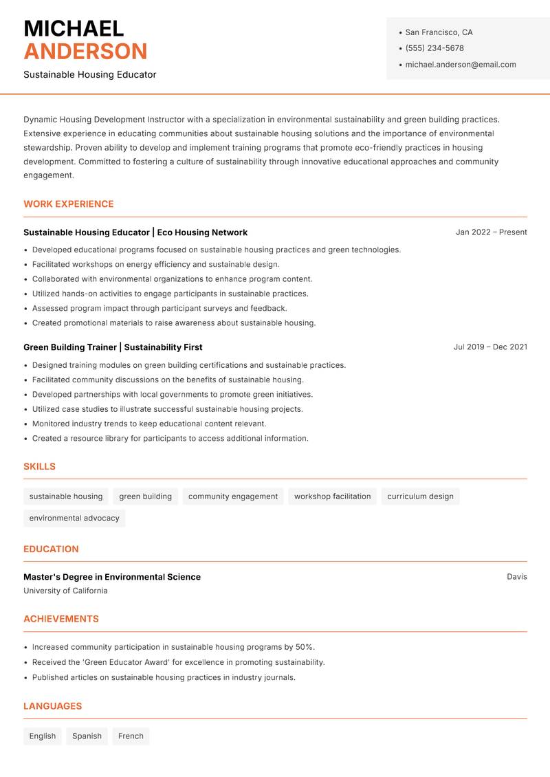 Housing Development Instructor resume template — Modern Professional