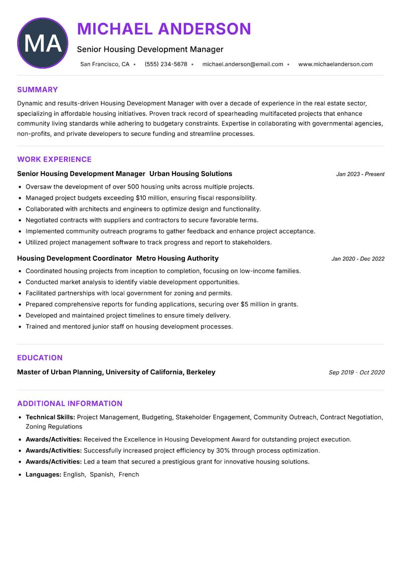 Housing Development Manager resume example — ATS-friendly template