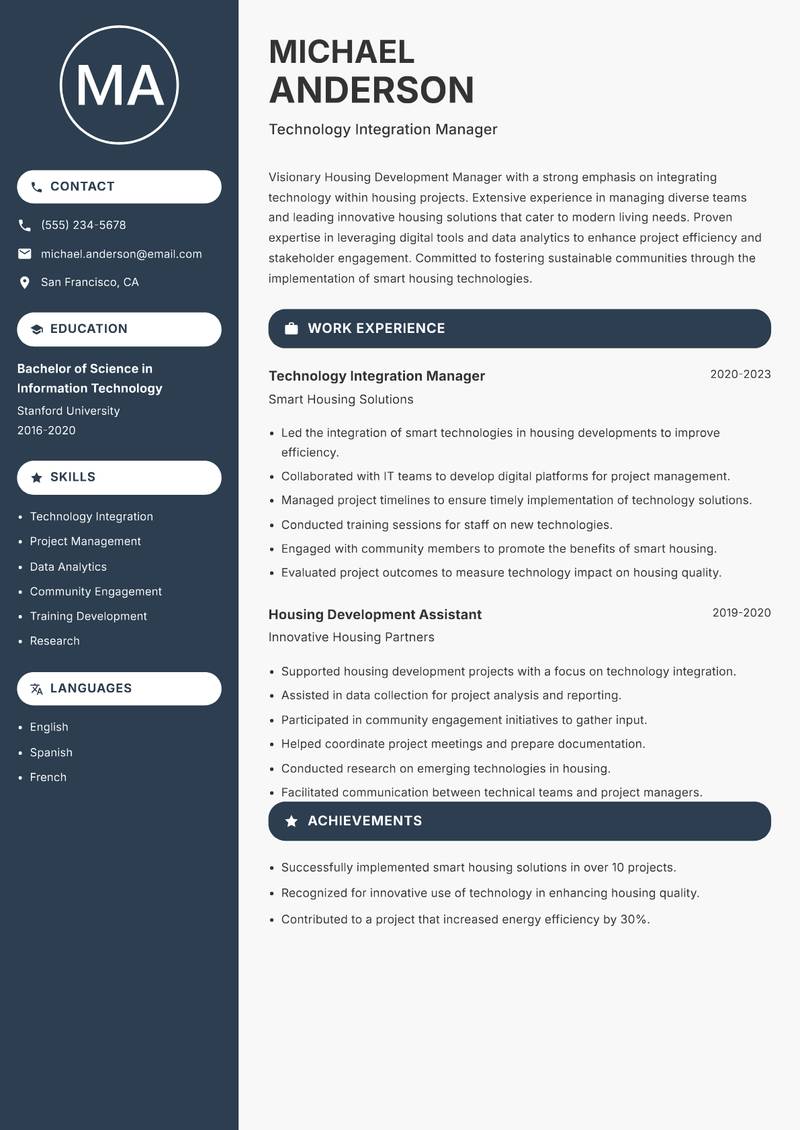 Housing Development Manager resume template — Compact