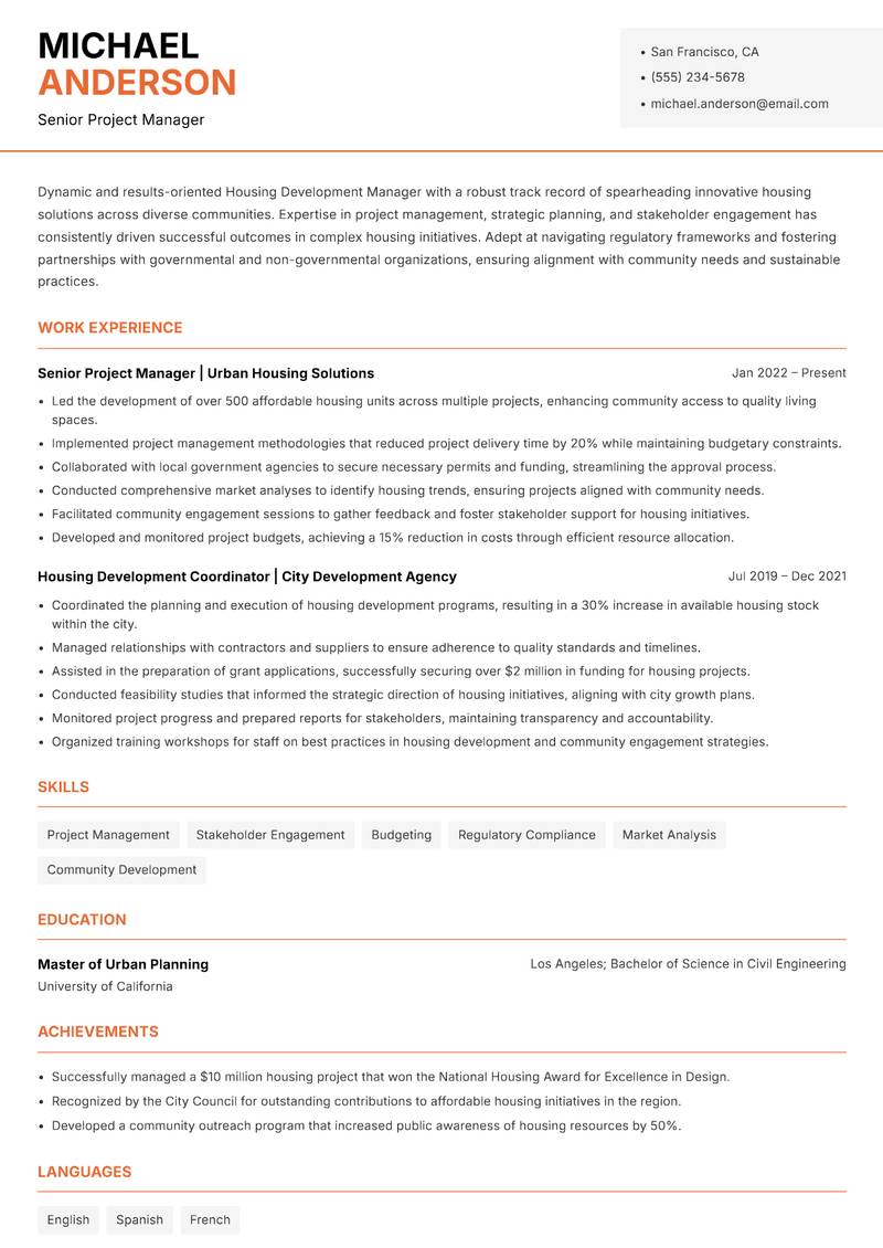 Housing Development Manager resume template — Modern Professional