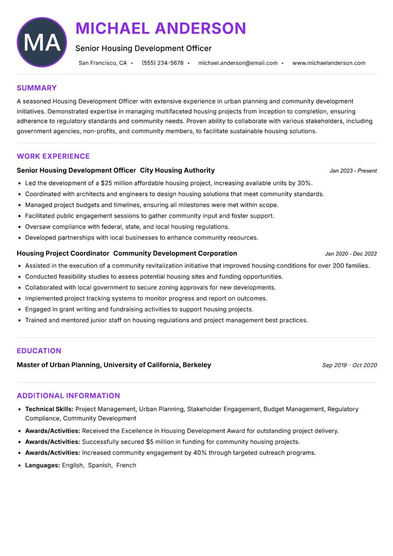 Housing Development Officer resume example — ATS-friendly template