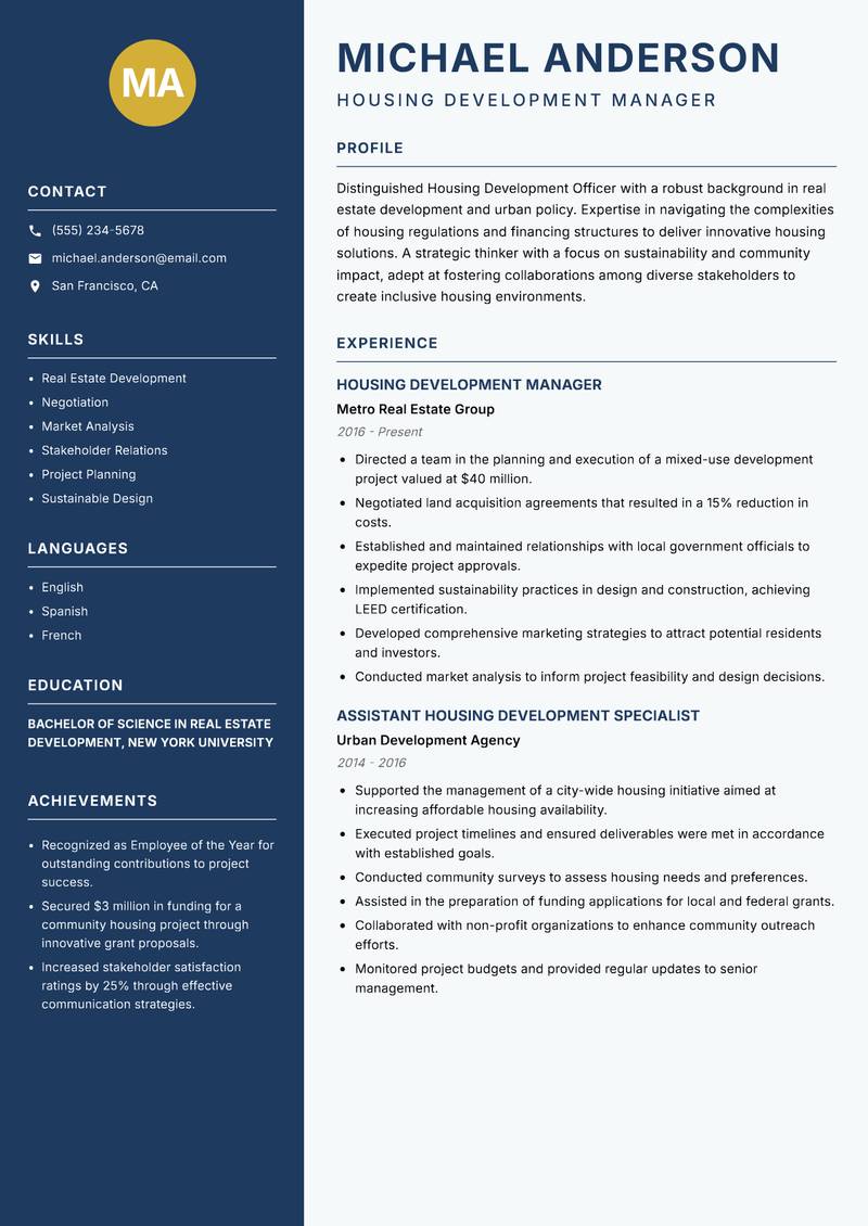 Housing Development Officer resume template — Classic Clean