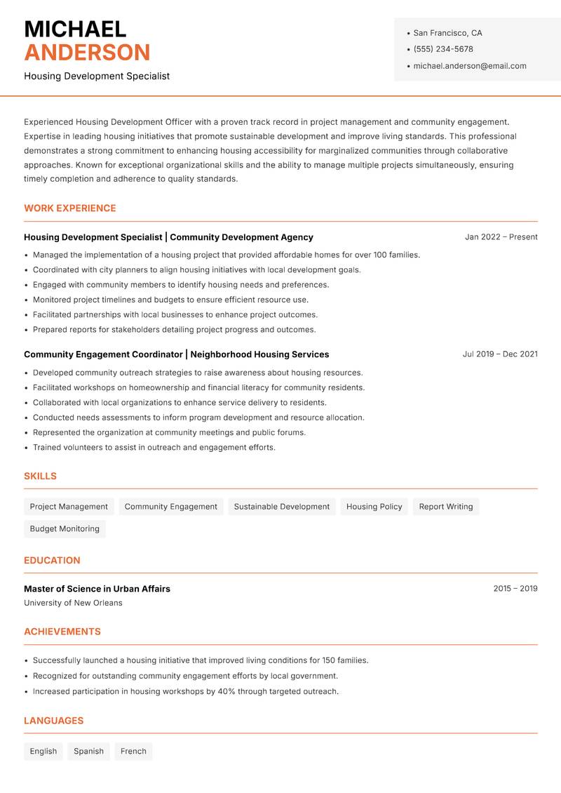 Housing Development Officer resume template — Modern Professional