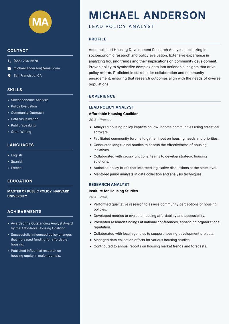 Housing Development Research Analyst resume template — Classic Clean