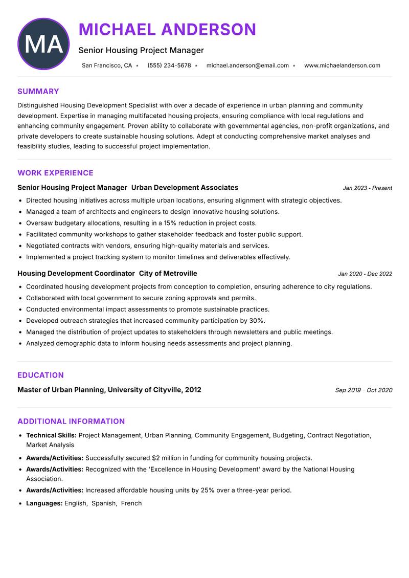 Housing Development Specialist resume example — ATS-friendly template