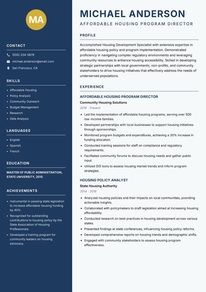 Housing Development Specialist resume template — Classic Clean