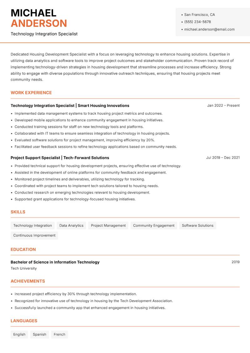 Housing Development Specialist resume template — Modern Professional