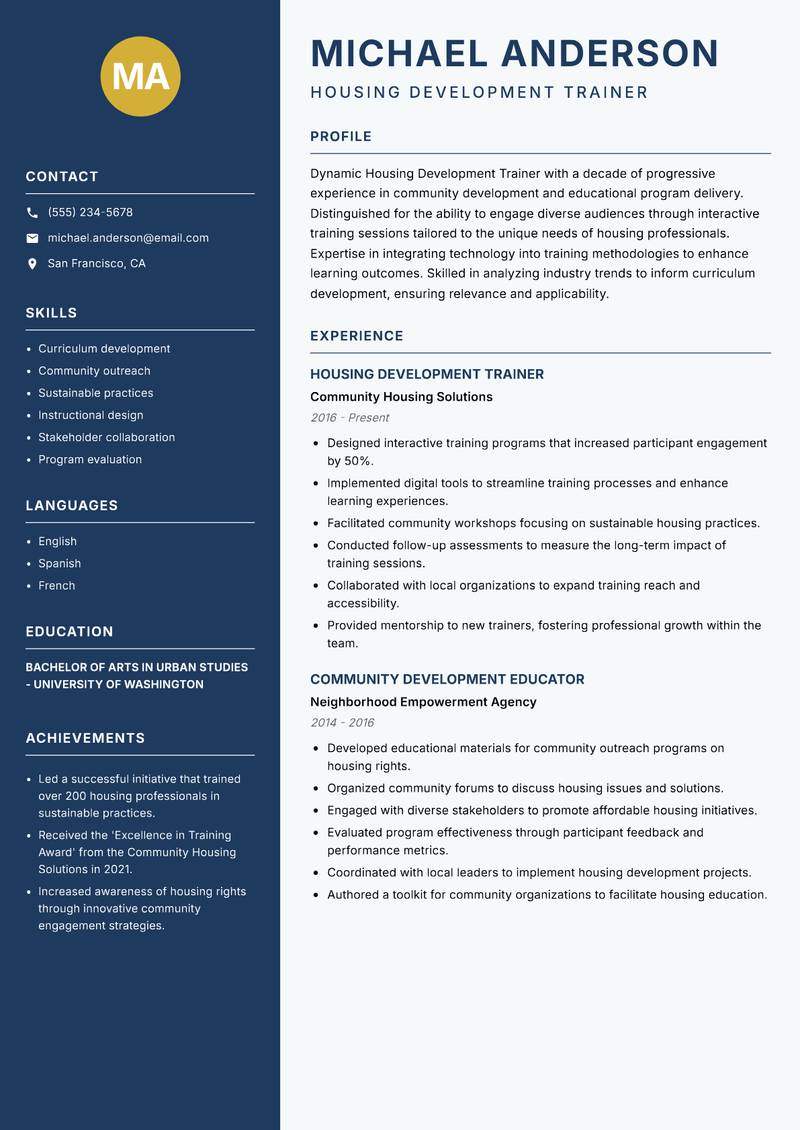 Housing Development Trainer resume template — Classic Clean