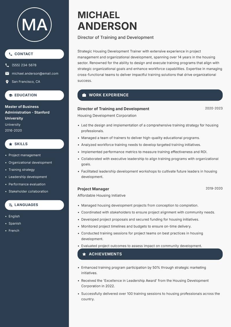 Housing Development Trainer resume template — Compact