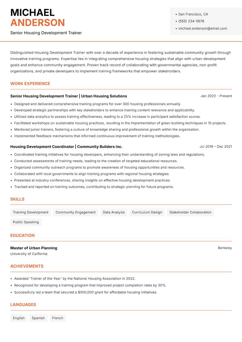 Housing Development Trainer resume template — Modern Professional