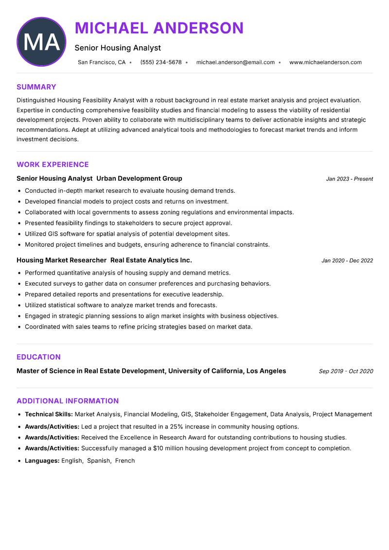 Housing Feasibility Analyst resume example — ATS-friendly template