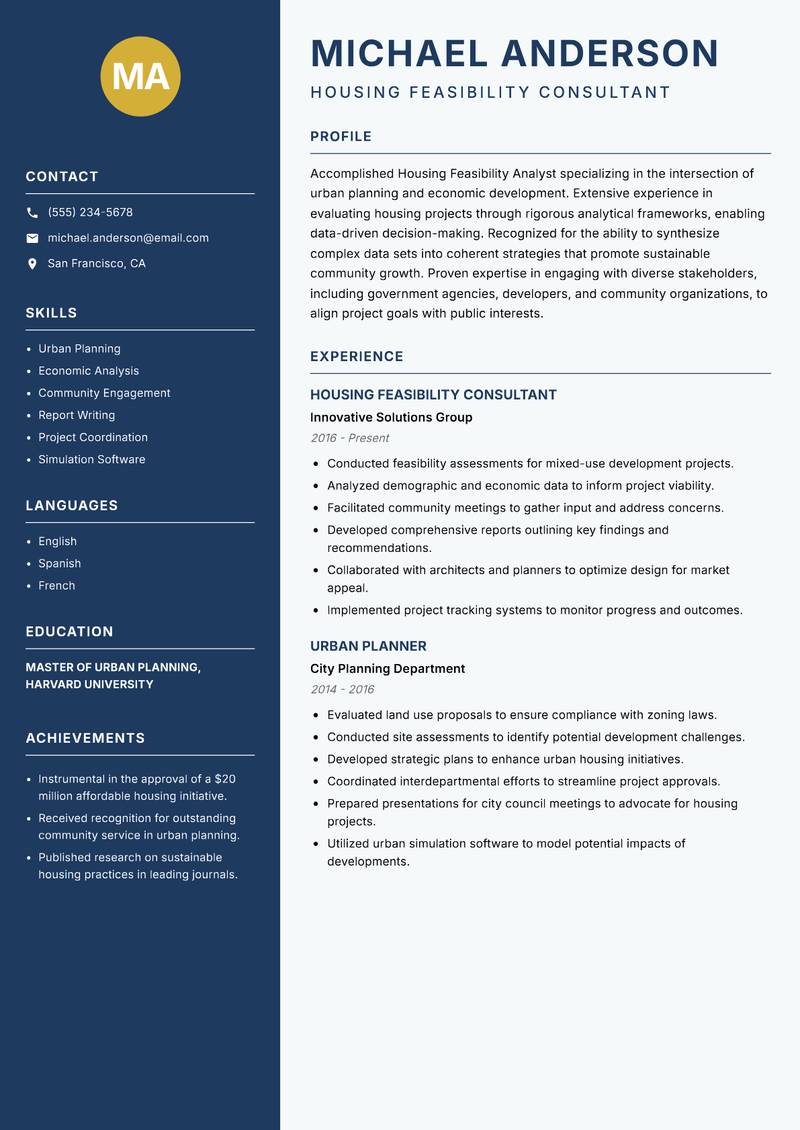 Housing Feasibility Analyst resume template — Classic Clean