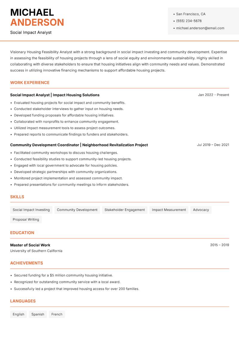 Housing Feasibility Analyst resume template — Modern Professional