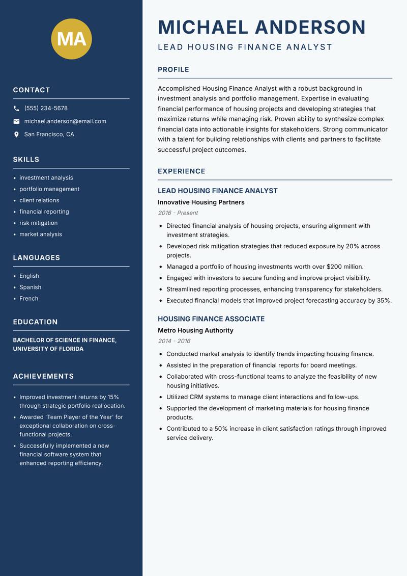 Housing Finance Analyst resume template — Classic Clean