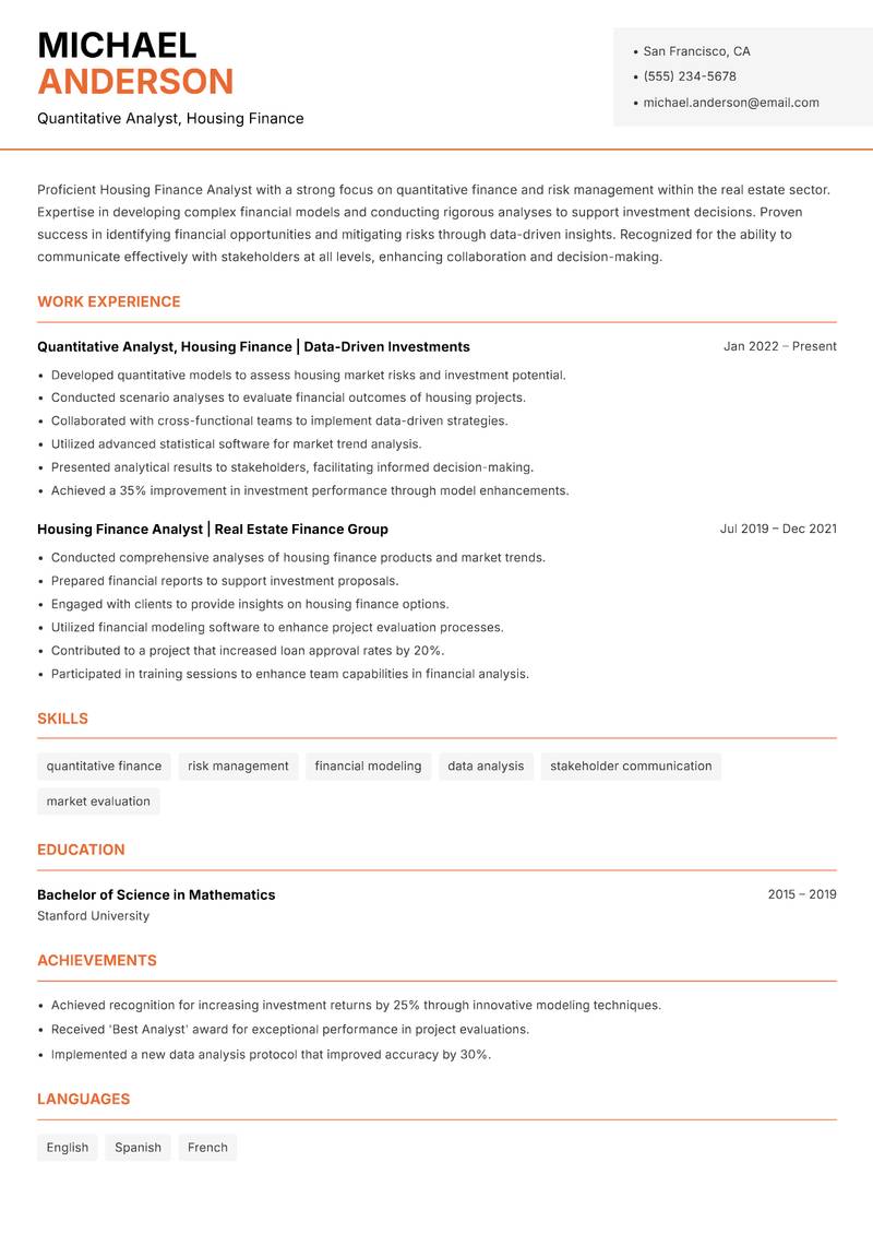 Housing Finance Analyst resume template — Modern Professional