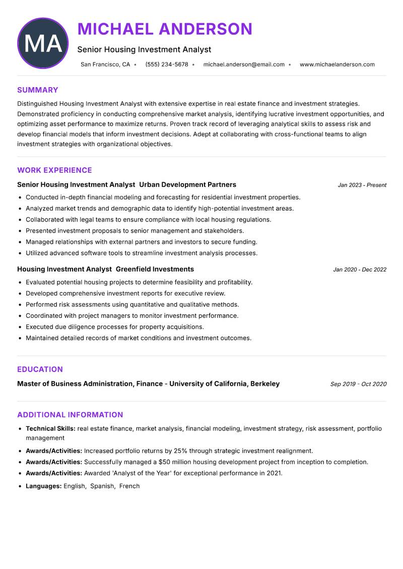 Housing Investment Analyst resume example — ATS-friendly template