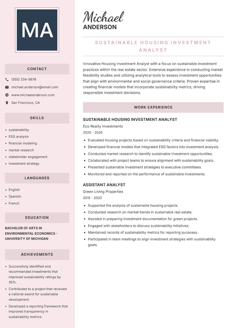 Housing Investment Analyst resume template — Executive